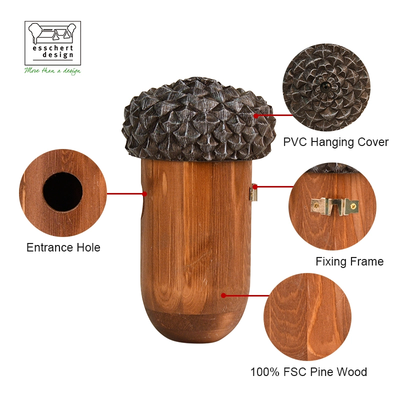 NK83 Esschert Design 100% Pine Wood + PVC Finished Wholesale Bird House Acorn Wooden Birdhouse