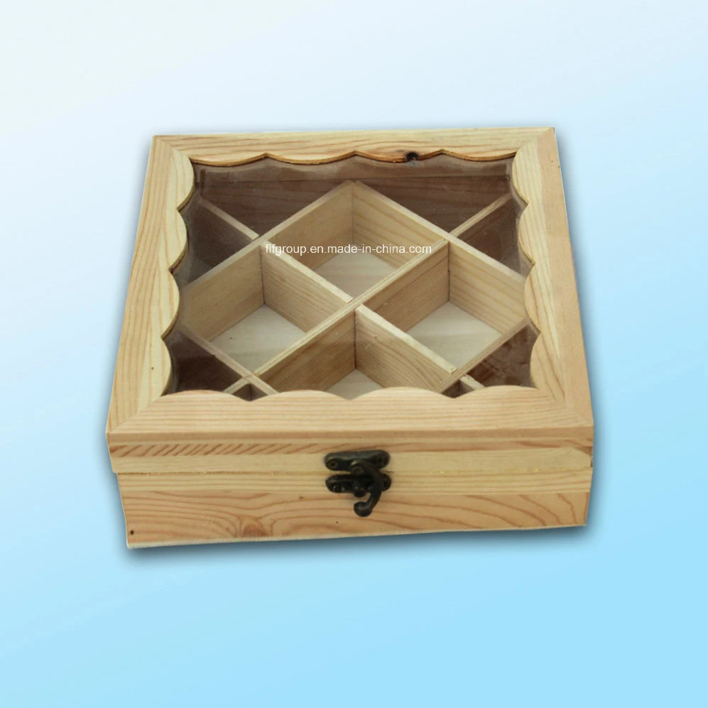 Eco-Friendly Customized Pine Wood Compartments Clear Window Wooden Tea Boxes