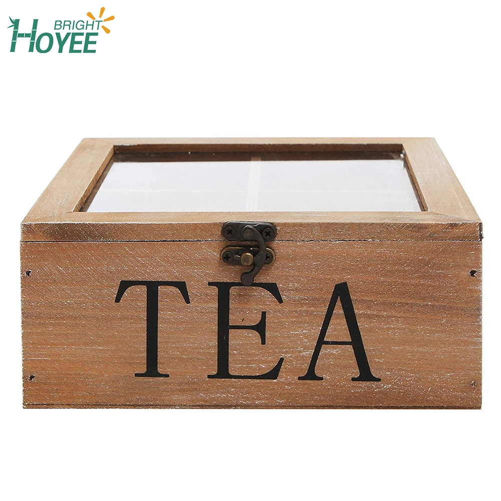 Cheap Rustic Wood Tea Box with Clear Lid Brown
