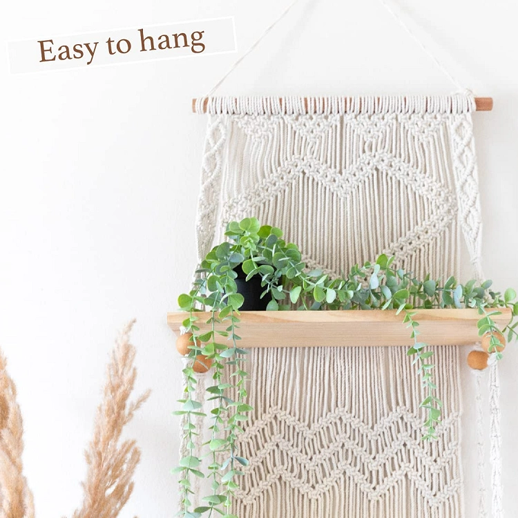 Handmade Boho Wooden Wall Hanging 3 Tier Organizer Shelf Floating Storage Holder Woven Rope Home Decor Rack