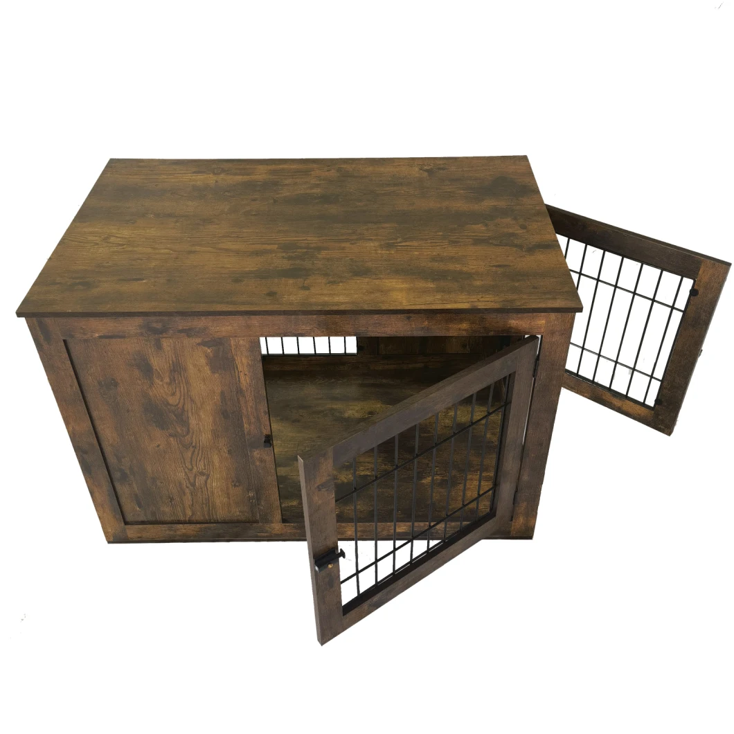 Good Quality Pet Wooden Furniture Iron Cage Double Doors Dog Crate