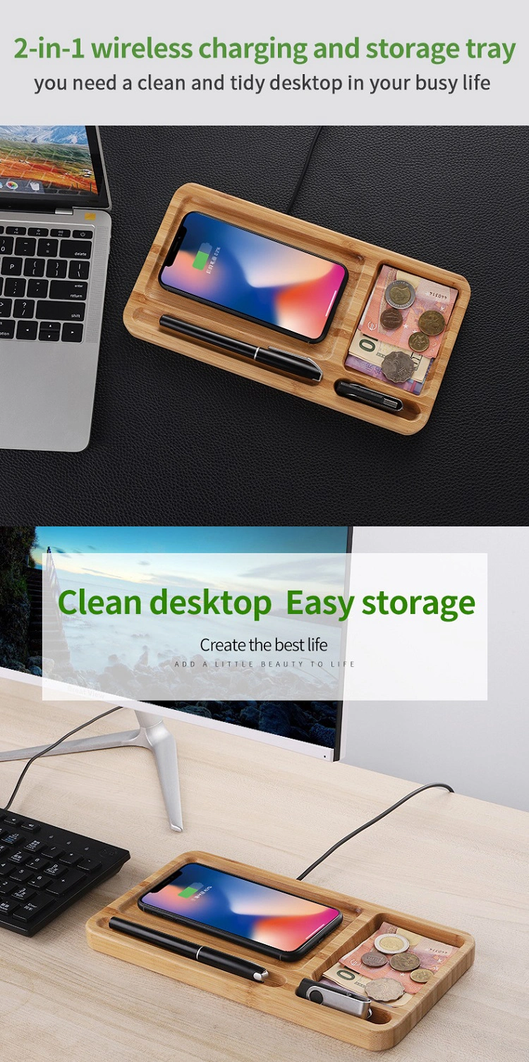 Office Multi Desk Fast Wooden Bamboo 2 in 1 Wireless Charging Storage Tray Mobile Phone Wireless Charger Organizer