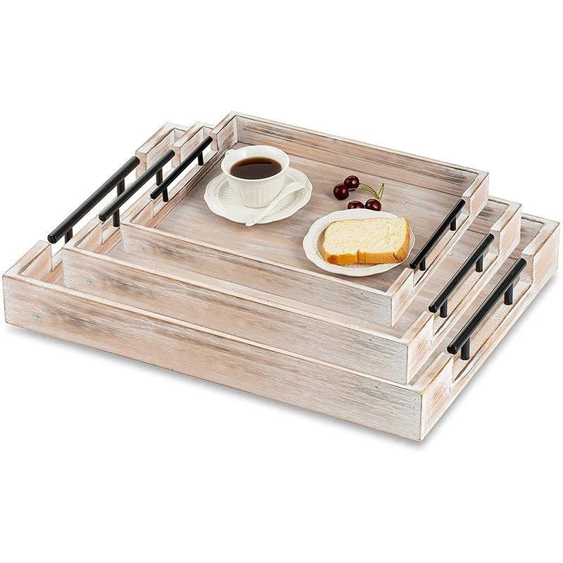 Rustic Wooden/Wood Serving Tray with Metal Handles for Tea/Coffee/Drinks/Meal/Wine