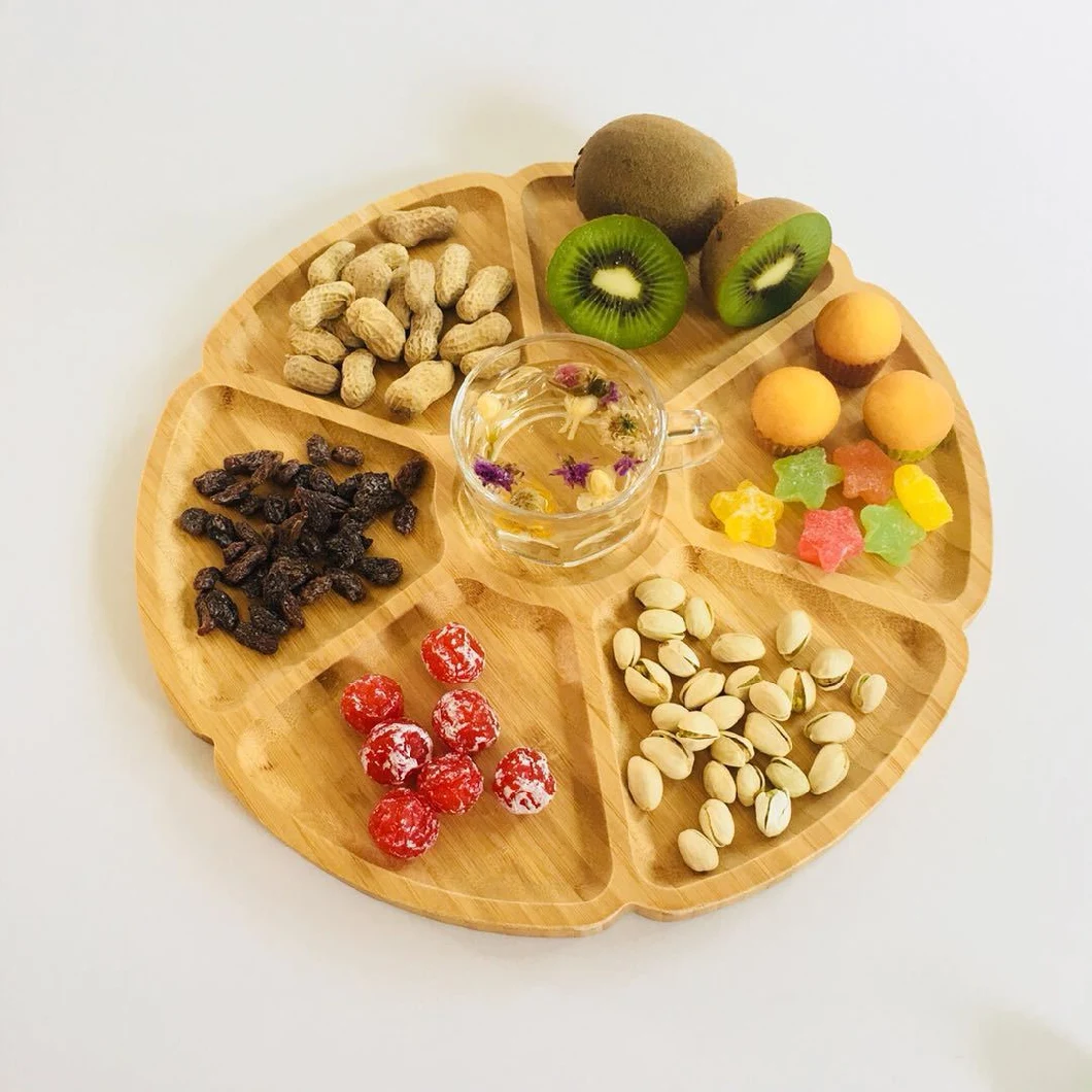 Multi Use Flower Shape Bamboo Plate Wooden Snack Tray with Dividers