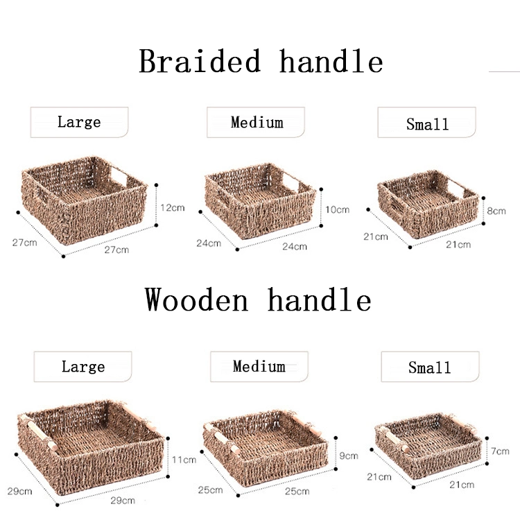 Grass Woven Wood Handle Handmade Straw Woven Desktop Storage Basket Storage Box