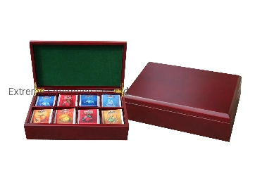 Handcrafted Custom Made Rich Mahogany Solid Wooden Compartment Tea Gift Chest Box and Tea Bags Storage Boxes and Holder with 8 Compartment