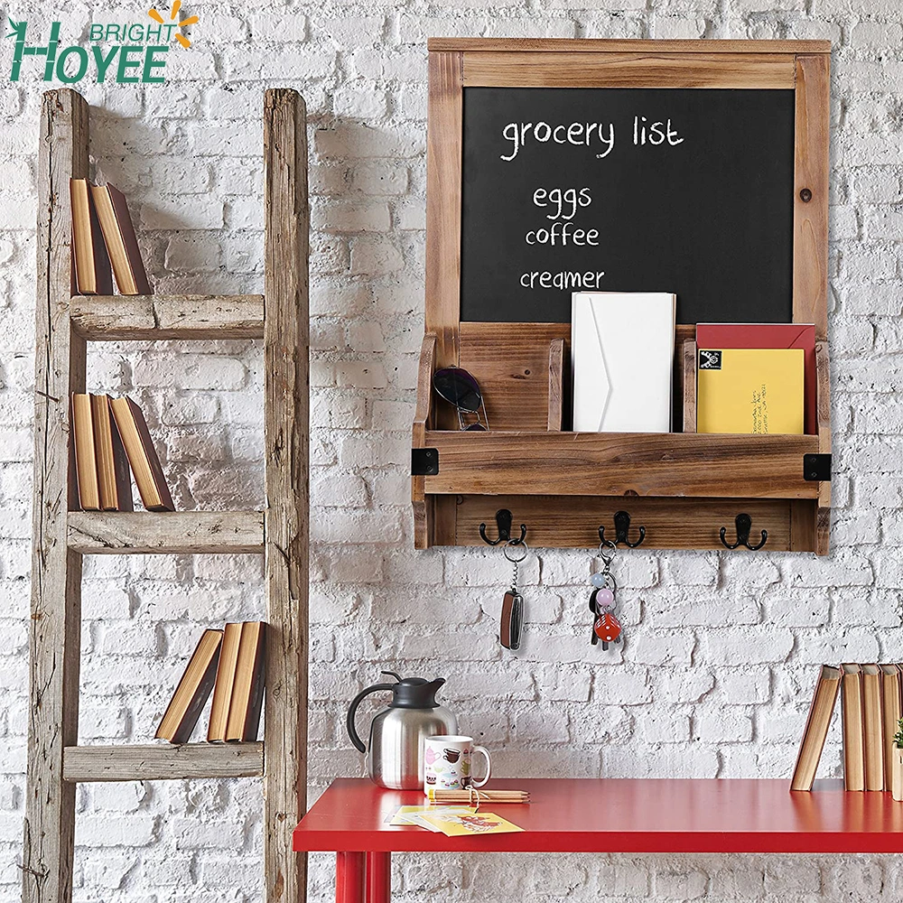 Rustic Burnt Wood Wall-Mounted Entryway Organizer with Chalkboard Sign & Key Hooks