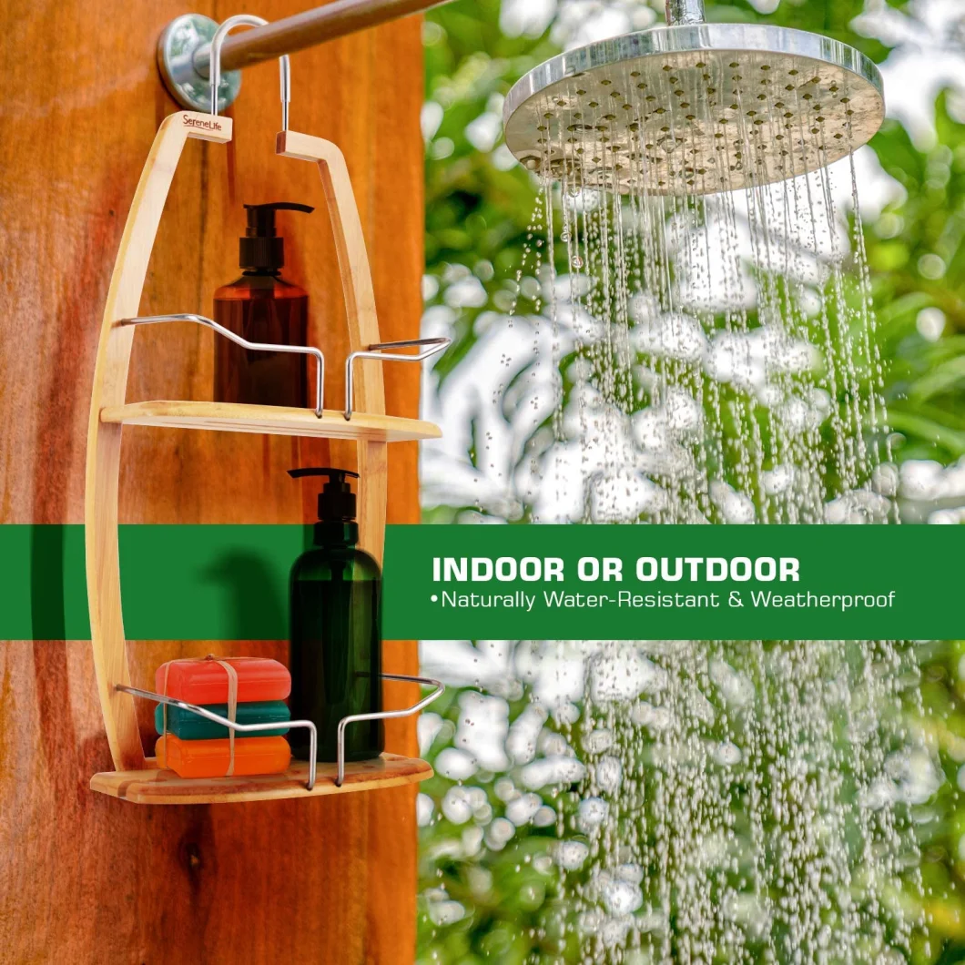 Rustproof Hanging Wood Shower Caddy - 2 Tier Waterproof and Natural Bamboo Bathroom Wall Organizer with Stainless Steel Shelf Rack for Shampoo