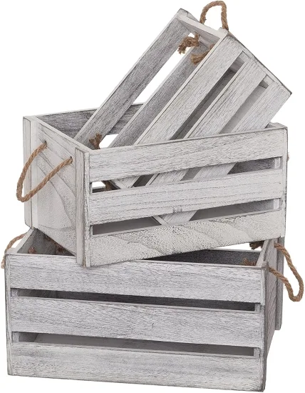 Cajas de almacenamiento de anidación decorativas de madera gris blanca rústica vintage con asas abiertas - Cajas artesanales de madera multipropósito/cocina de baño, caja de frutas de lavandería
