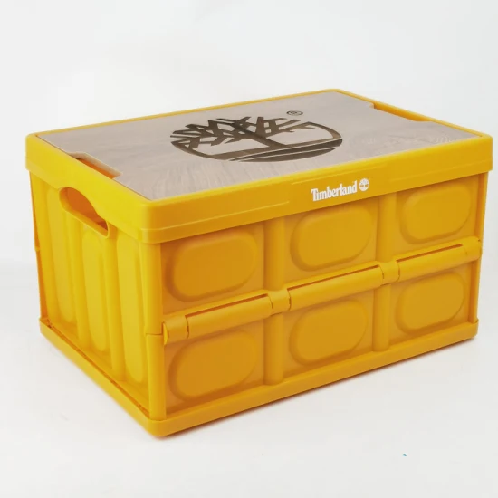 Caja plegable de plástico Cajas de asas de almacenamiento Caja de plástico de frutas con tapas de madera