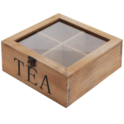 Caja de té de madera rústica barata con tapa transparente marrón