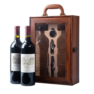Juego de regalo Premium Cajas de exhibición de vino de madera Caja de madera de presentación de botella doble