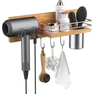 Soporte de pared para secador de pelo de bambú, organizador de baño para herramientas de peinado, estantes flotantes para secador de pelo